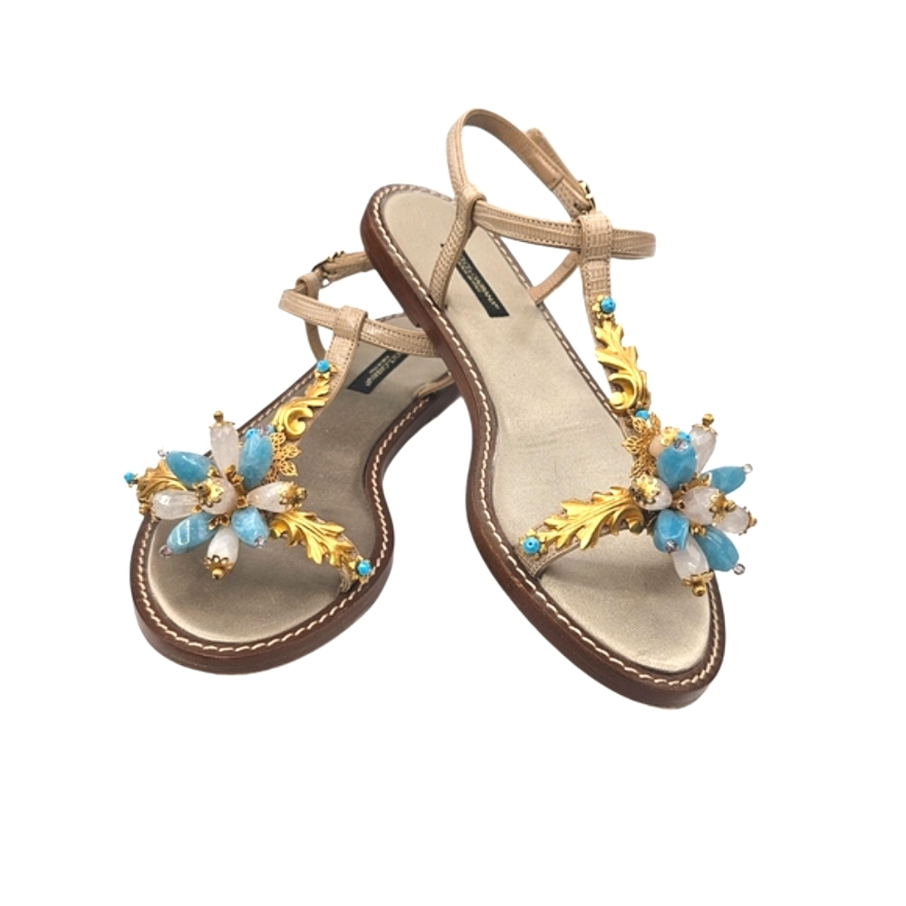 DOLCE & GABBANA Turquoise/white/gold Bejeweled Flat Thong Sandals W/ Ankle Strap